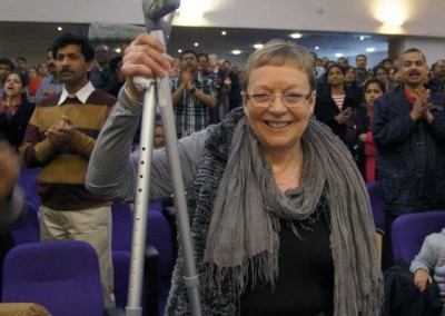 This lady Lynn, came in pain on her crutches. Instantly she could walk without them. Three weeks later, her doctors could not understand how the bones were all healed!